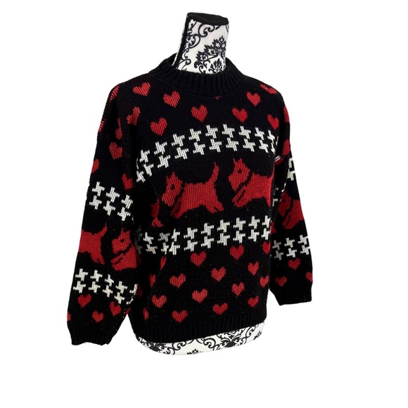 Adele Vintage 80s Scotty Dog Heart Sweater Knitwear Fair Isle Pullover S/M - Picture 3 of 8